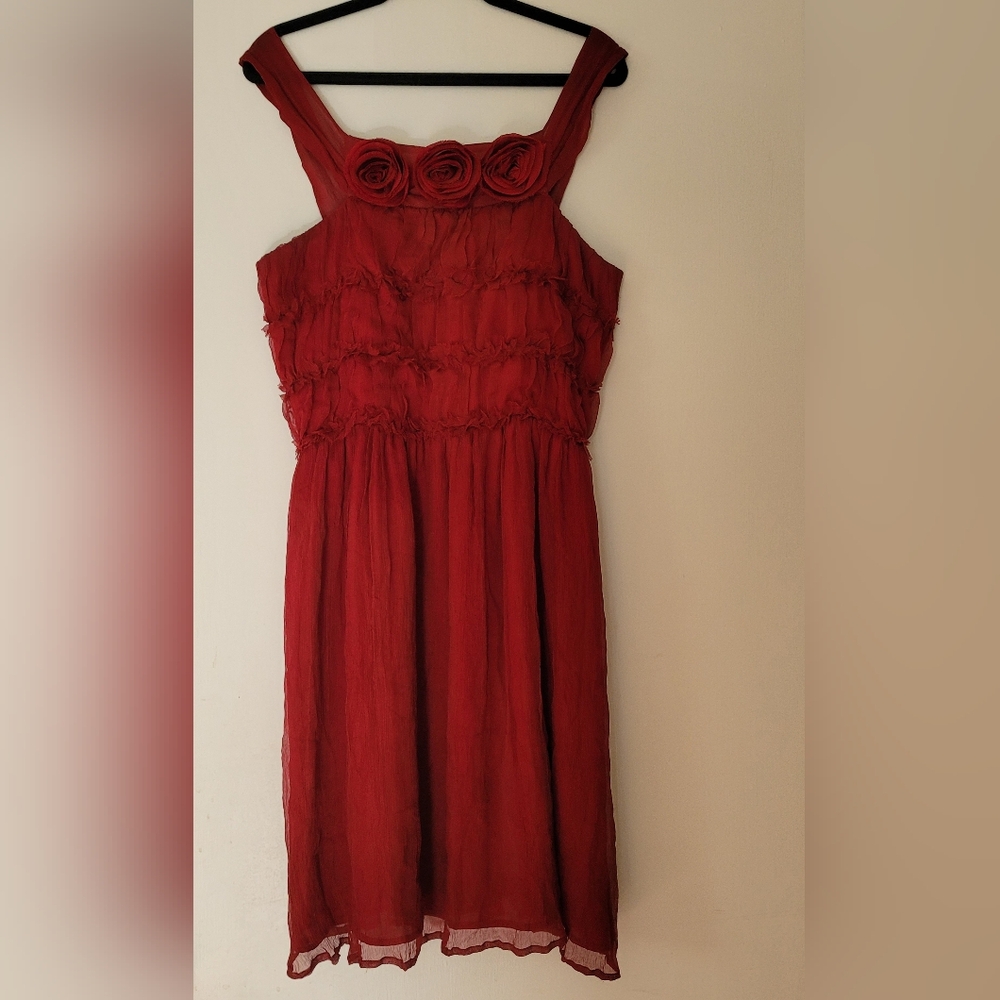 Anthropologie Burlapp Red Silk Dress Sheer Overlay Size 6